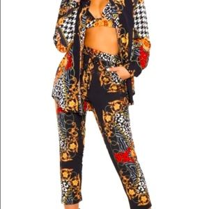 Black mixed print satin pants